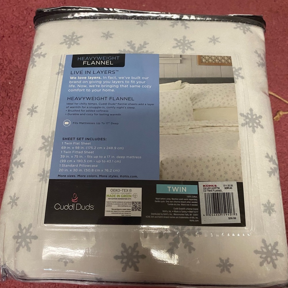Cuddl Duds Flannel Twin Sheet Set - White with Gray Snowflakes